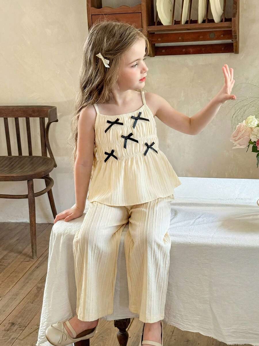 LMoss Kids 两件套少女纯色梭织吊带背心和宽松休闲裤套装 - 米色 - 查看 1