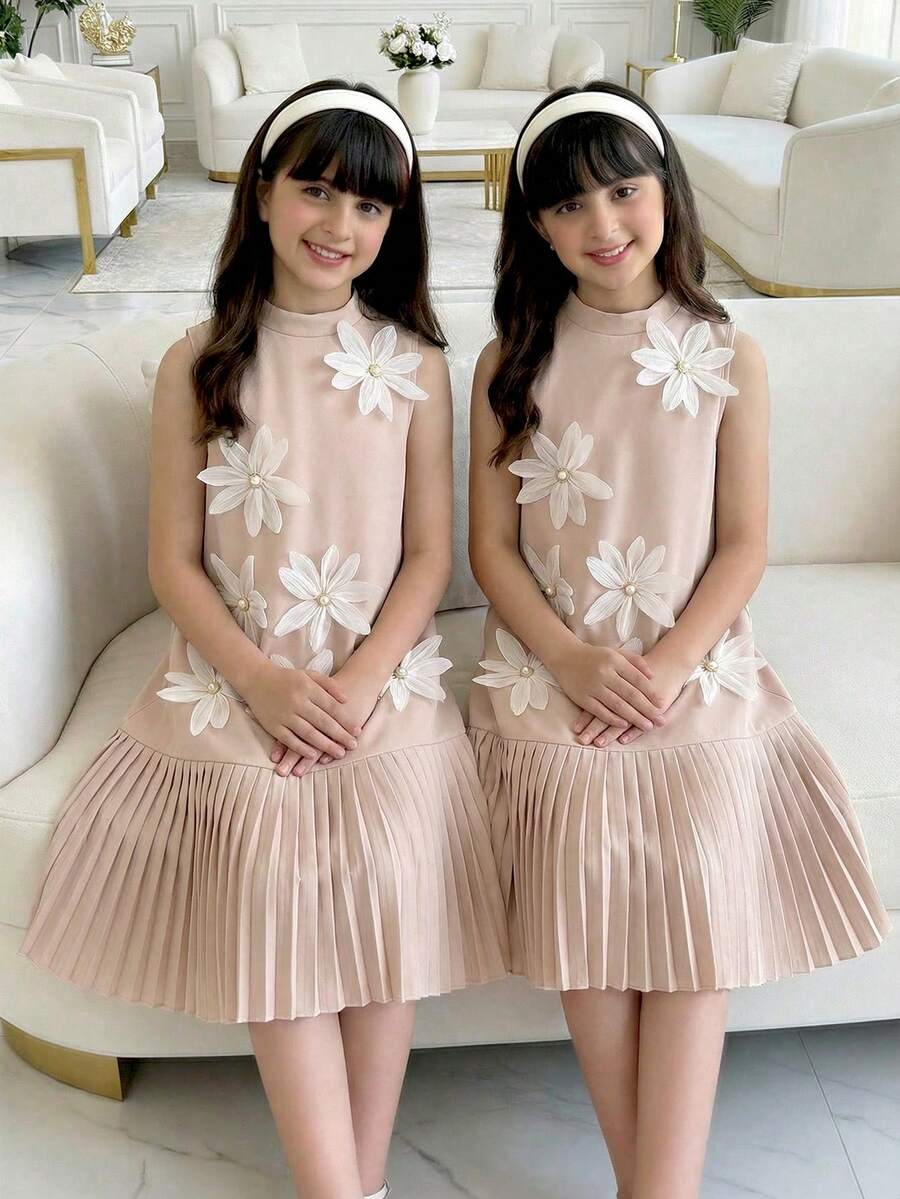 SHEIN Tween Girl Floral Decor Patchwork Pleated Hem Fashionable Cute Mandarin Collar Sleeveless Dress Girls Pleated Dress 3d Flowers Dress Girls Nude Dress - Khaki - View 1