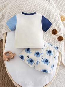 SHEIN Newborn Baby Cute Elephant Print Short Sleeve T-Shirt & Floral Shorts Set, Summer - Navy Blue - View 2