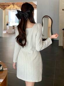 xheDAZY Vestido corto de mujer con cuello cuadrado, textura y decoración de botones para cóctelxhe - Beis 2 - Ver 2