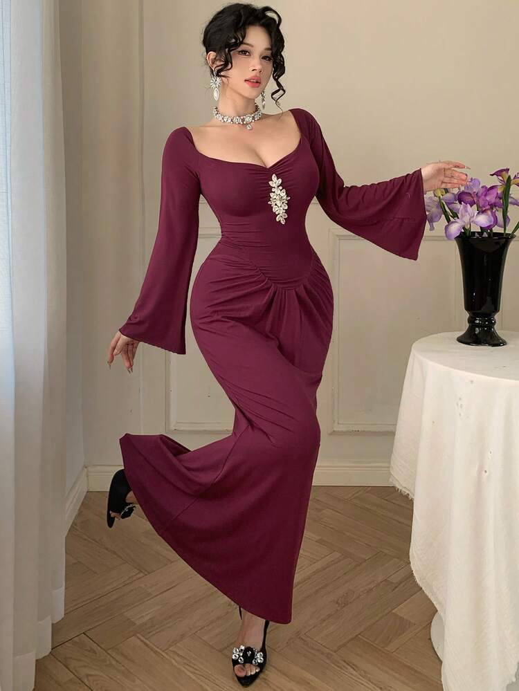 Women's Rhinestone Decor Ruched One-Shoulder Flare Sleeve Fitted Mermaid Hem Elegant Dress Wedding Guest Dress Maxi Dress Sundress