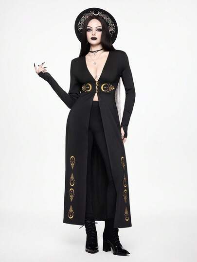 ROMWE SpringDark Mysterious Gothic Vintage Star & Moon Embroidery Long Cardigan