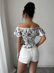 Elenzga Women's Summer Vacation, Floral Print Off Shoulder Ruffle Blouse Off Shoulder Tops For Women Off Shoulder Shirts - Black - View 2