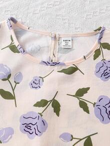 Teen Girl Short Sleeve Round Neck Digital Print Purple Floral, Comfortable Home Dress With Purple Ruffle Hem Design - Apricot - View 5