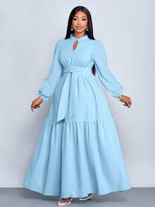 SOLERSUN 大码女装纯色宽松休闲立领前开衩水滴扣高端设计长袖腰带修身A字长裙，优雅舒适休闲时尚通勤气质连衣裙，新款，日常穿着，新年、秋季、冬季、约会、圣诞节，女装 - 淺藍色 - 查看 6