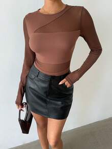 EMERY ROSE Áo thun nữ cổ tròn, phối lưới, tay raglan, ôm dáng, màu trơn - Cà phê nâu - Xem 4
