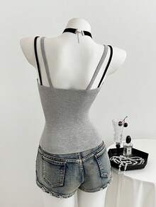 Elamini 女士休闲蕾丝边无袖吊带背心，仿二合一设计，灰色，春夏搭扣上衣，适合摇滚音乐会、女式音乐会、时尚游乐园等场合。 - 灰色 - 查看 2