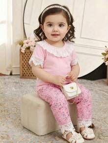 Sparklyn Baby Girls' T-Shirt Set With Ditsy Floral And Lace Trim, 2pcs Outfit, Traditional , Pink Floral And White Lace Design, Sweet And Cute, Soft Knit Fabric, Suitable For Party, Gathering, Formal Wear And Daily Wear, Traditional Arabic Baby Clothing Pants Suits Formal Pink For Baby Girl Baby Girl Clothes Ruffle Hem Baby Girl Princess Casual Pant Sets Two Piece Toddler Girls Dress Shirt And Pants Two Piece Set For Baby Girls Toddler Pants Suit For Girls - Pink - View 1