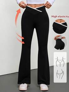 SHEIN PETITE Women Asymmetric Waist Flared Casual Pants - Black - View 9