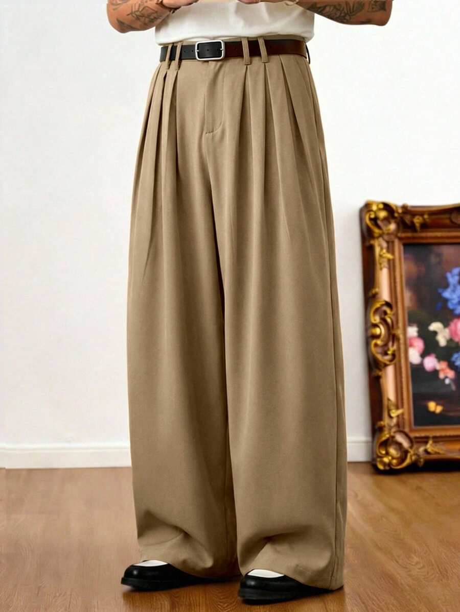 TOKVUE 男士阔腿裤，男士褶裥西装裤，热销INS风长裤，男女通用款，首尔风长裤，休闲纯色宽松阔腿裤，前缝设计，日常男友/老公礼物，周年纪念礼物 - 卡其色 - 查看 1