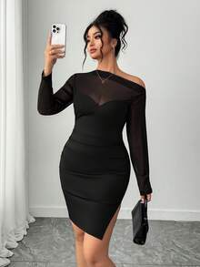 Elenzga 新款春夏不对称肩部亮面网纱拼接开衩修身性感女装 - 黑色 - 查看 1