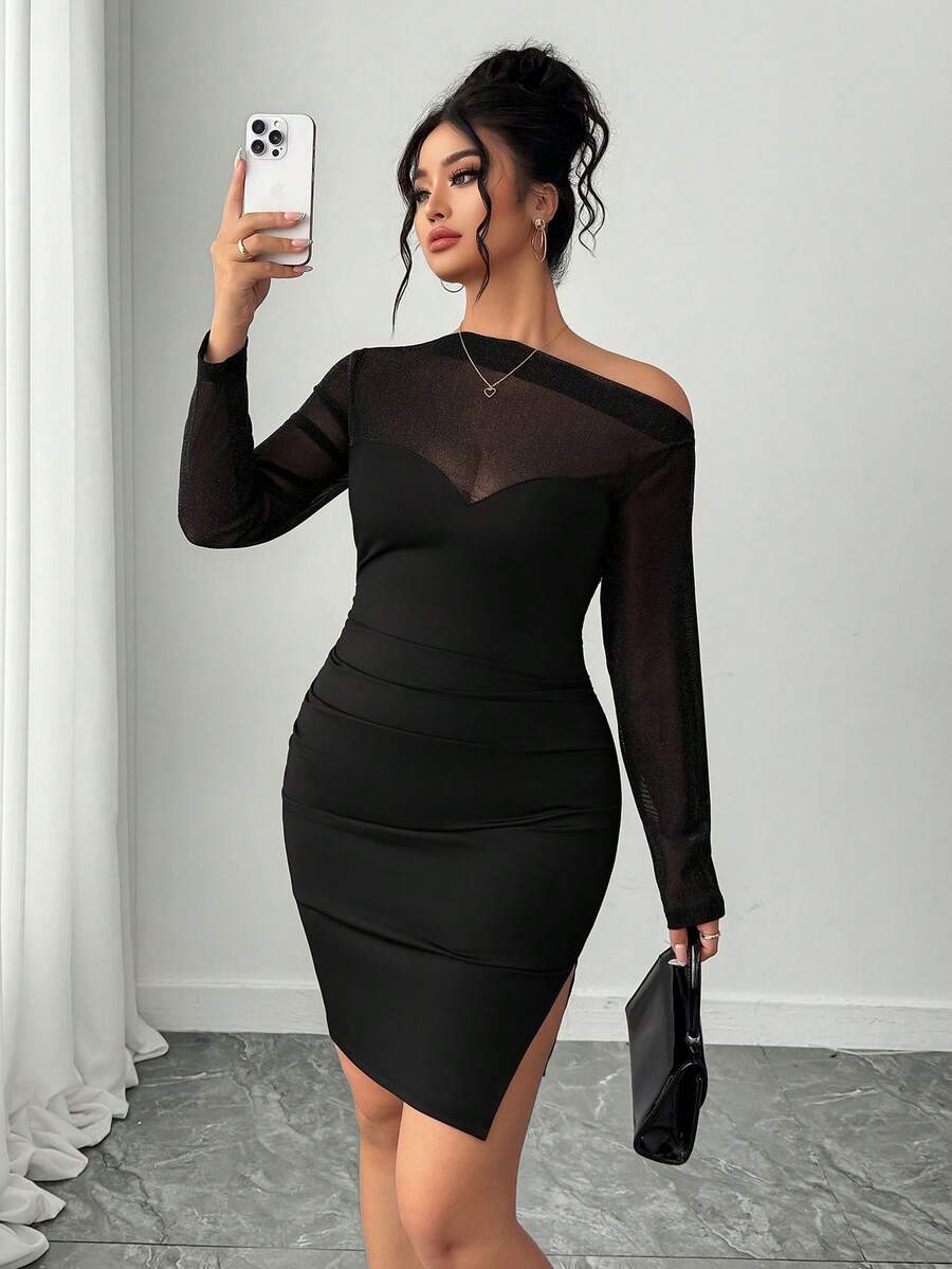 Elenzga 新款春夏不对称肩部亮面网纱拼接开衩修身性感女装 - 黑色 - 查看 1