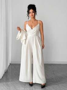 Elenzga 女士加大码翻领短袖珍珠纽扣短款外套搭配褶皱腰部连体裤，优雅两件套 - 杏色 - 查看 3