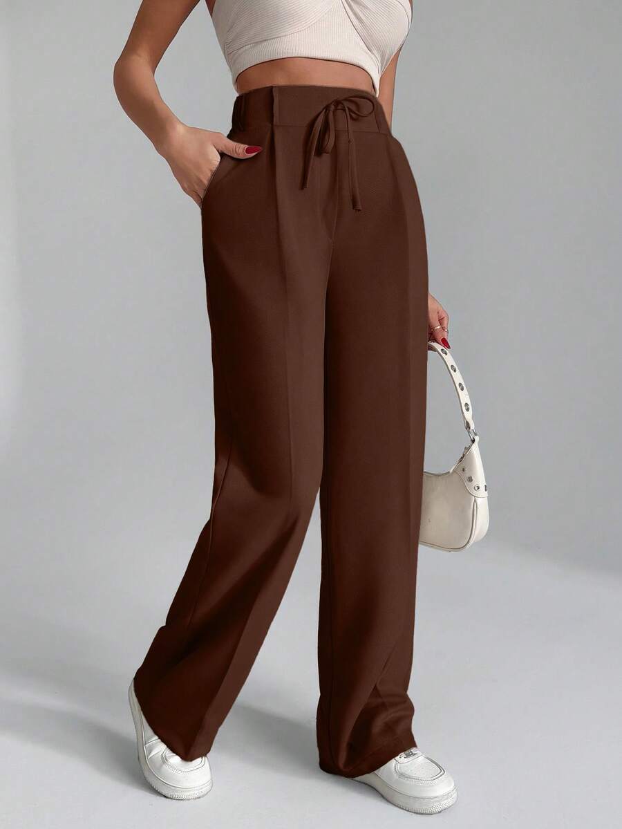 EURMUSE Women Solid Color Wide Leg Tie Front Detailed Pants - Mocha Brown - View 1