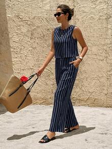 SHEIN Frenchy Women's Casual Striped Tank Top And Straight Leg Pants 2 Pieces Set, Summer - Navy Blue - View 6