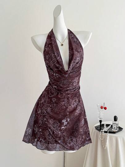 Sweetra Retro American Style Printed Design Fashion Vacation Sexy Draped Neck Ruched Waist Asymmetrical Hem Women's Summer Dress