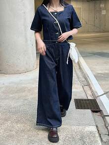 FRIFUL Women's Square Neck Short Sleeve Single-Breasted Top And Wide-Leg Jeans Casual Suit - Blue - View 6