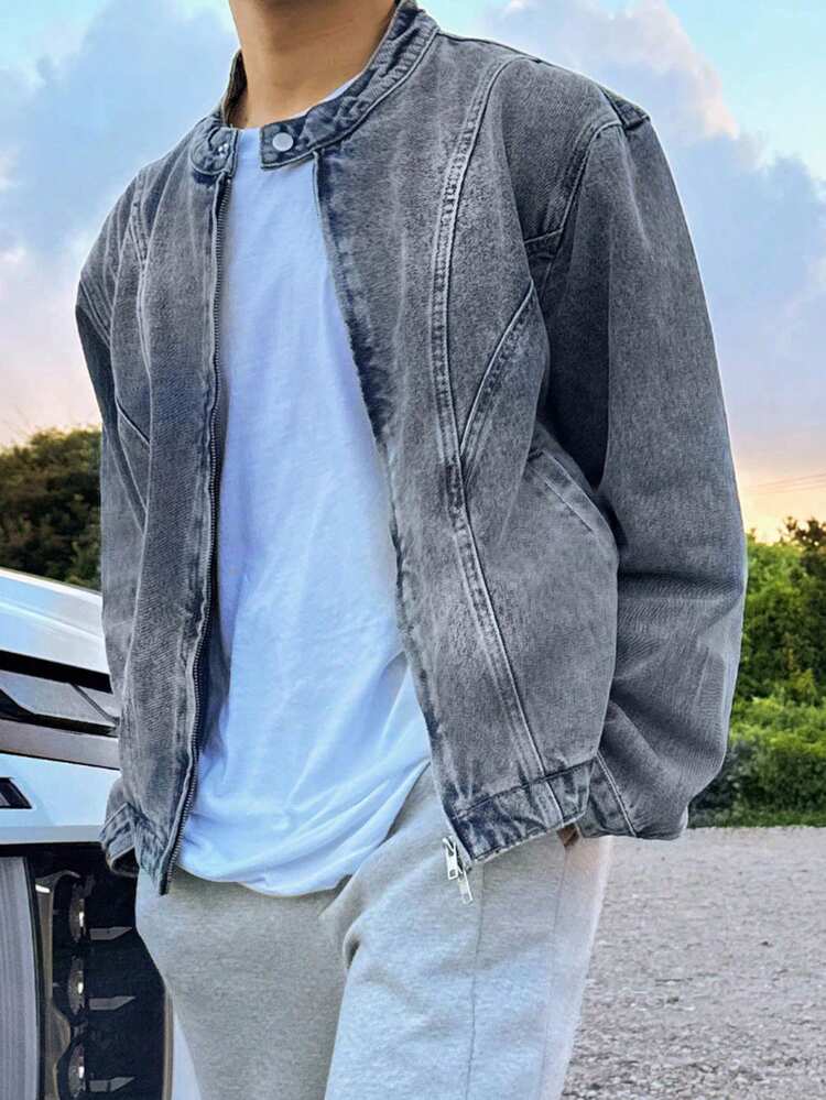 Short Washed Blue Denim Jacket For Men, Spring/Autumn