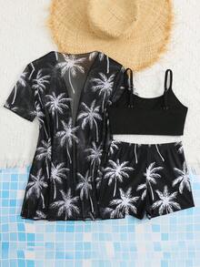 SHEIN 3件套少女椰树印花泳衣套装，包括罩衫、针织吊带背心和短裤，适合游泳、夏季、度假和海滩穿着。 - 黑與白 - 查看 3