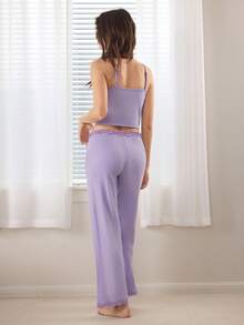 Ocili 2pcs Lace Camisole & Drawstring Soft Comfortable Minimalist Pajama Pants, Women Sleepwear Set - Purple - View 3