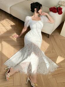 DAZY 女士蕾丝领短袖修身优雅长款连衣裙 - 白色 - 查看 5