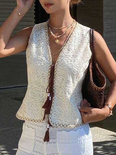 DAZY Women's Lace Patchwork Tie Tassel Sleeveless V-Neck Vest Jacket, Elegant Resort Style, Spring/Summer
