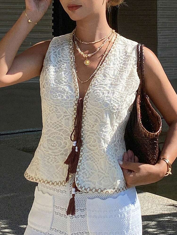Women's Lace Patchwork Tie Tassel Sleeveless V-Neck Vest Jacket, Elegant Resort Style, Spring/Summer