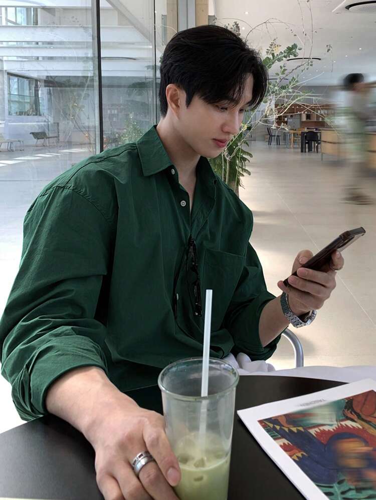 Men's Green Button-Front Casual Versatile Long Sleeve Shirt, Spring