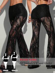 SHEIN PETITE CURVE Quần ống loe thanh lịch phối ren, xuyên thấu, dành cho nữ cỡ lớn và nữ dáng nhỏ nhắn, cạp cao giúp bạn trông thon gọn và dài chân hơn, phù hợp với phụ nữ dáng nhỏ nhắn. Phù hợp cho mọi mùa và mọi dịp, thích hợp cho nữ giới và các cô gái dáng nhỏ nhắn, quần ống loe mùa hè. - màu đen - Xem 7