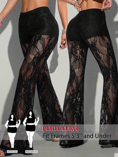 SHEIN PETITE CURVE New Plus Size Womens Petite Girls Lace Patchwork Sheer Elegant Flare Leg Pants,High-Waisted Makes You Look Slimmer And Your Legs Longer, Suitable For Petite Women.High-Waisted Makes You Look Slimmer And Your Legs Longer, Suitable For Petite Women.Suitable For All Seasons And Occasion,Suitable For Petite Girls& Women, Summer Flare Leg Pants Summer Summer Flare Leg Pants  Summer Outfits Summer Holiday Outfits Long Summer Pants For Women Spring Outfit ,Wide-Leg Pants,Office Pants,Elegant Pants,Casual Pants, High-Waisted Slimming Wide-Leg Pants For Summer,Elegant Women's Ceremony Pants ,Elegant Pants  For Party,Elegant Pants For Ladies,Elegant Long Pants, Vacation Outfits Women,Holiday Outfits For Women,Summer Holiday Outfits,Summer Vacation Outfits,Casual Pants For Women ,Sexy Pants For Women,Carnival Carnival Costume Carnival Women Look 2026 2026 Carnival Women Carnival Clothes Carnival Costume Women