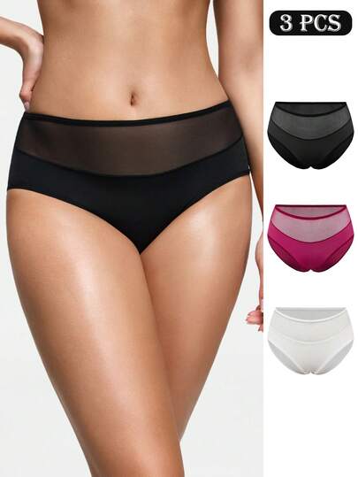 SHAPORA 3pcs/Pack Women's Mesh Patchwork Comfortable Casual Briefs