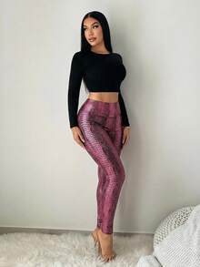 SHEIN SXY 女士鳄鱼纹高腰休闲百搭日常打底裤 - 粉色 - 查看 5