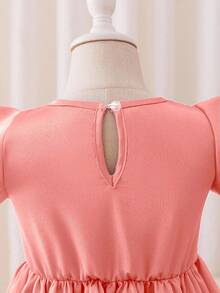 Glamorique Kids 年轻女孩优雅高档酒红色缎面蝴蝶结装饰泡泡袖连衣裙，正式场合穿着 - 粉色 - 查看 8