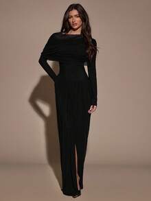 SHEIN BAE 女士优雅简约纯色船领修身连衣裙，春秋季 - 黑色 - 查看 7