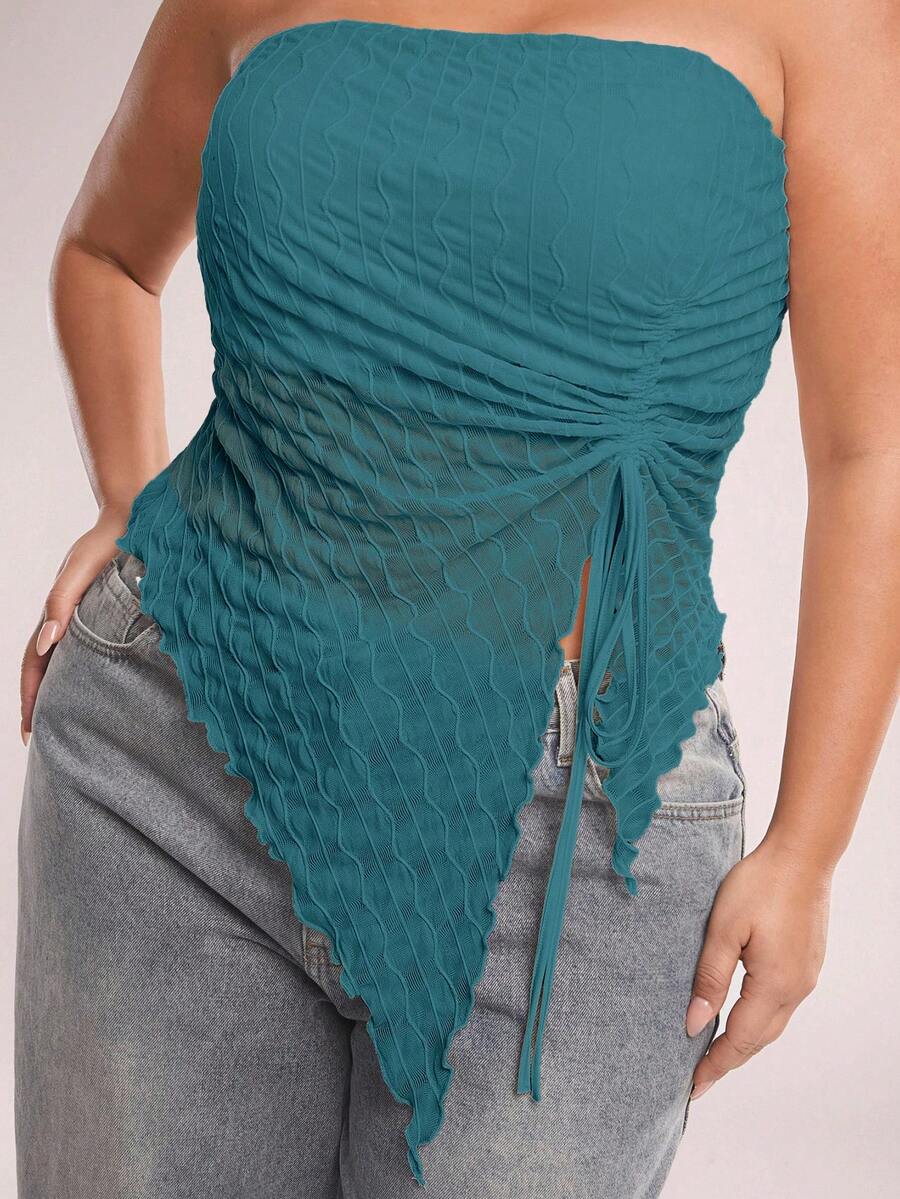 SHEIN BAE 新款加大码女式杏色不对称抽绳吊带背心，波浪纹理细肩带露脐上衣，性感吊带衫，Y2K风格，适合约会、外出、音乐节、下午茶、派对、毕业季、婚礼季等场合。 - 水鴨藍 - 查看 1