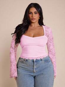 SHEIN BAE 大码女士优雅钥匙孔领撞色蕾丝长袖修身衬衫，春夏款 - 淺粉色 - 查看 3