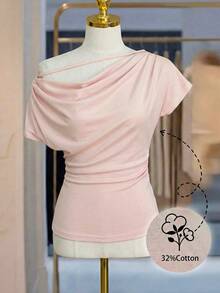 Lyxana T-shirt moulant à manches courtes, col asymétrique, une épaule, couleur unie, convient pour les sorties et les rendez-vous, printemps/été - Rose bonbon - Voir 3