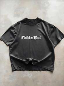 Manfinity EMRG 加大码男士休闲标语印花圆领短袖T恤，夏季 - 黑色 - 查看 4