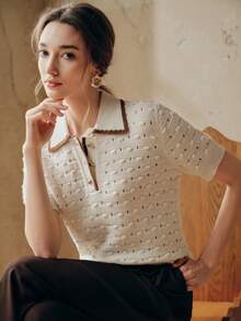 Anewsta Elegant French Spring/Summer -Inspired Textured Business Casual 3D Crochet Hollow Gold Button Ivory Knit Top - Beige - View 4