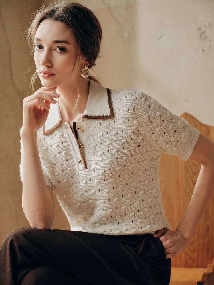 Elegant French Spring/Summer -Inspired Textured Business Casual 3D Crochet Hollow Gold Button Ivory Knit Top Knit Tops Eyelet Blouse Eyelet Top For Women Summer Sweaters For Women