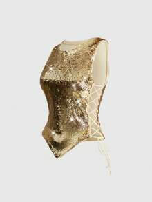 ROMWE Hippie Women's Sequin Backless Top, Suitable For Music Festivals - Gold - View 1