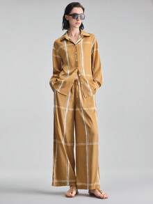 Ontre 2026SS New Striped Print Long Sleeve Fashionable Versatile Women Shirt, Spring/Summer - Brown - View 3