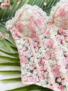 Soleia 女士浪漫度假雏菊刺绣纹理印花装饰吊带背心，休闲、约会、情人节、下午茶、海滩、邮轮、城市度假、音乐节、派对、波西米亚风、嬉皮风、西部风，可内穿或外穿，适合所有季节，日常通勤 - 粉色 - 查看 3