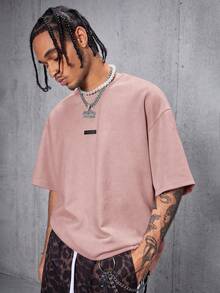 AXEPEAK 男士街头风透气绒面植绒宽松落肩圆领短袖T恤 - 粉色 - 查看 2