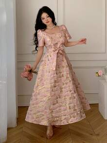 Celisse Textured Puff Sleeve Midi Dress, Square Neck, Cinched Waist Bow, Romantic Style For Dates And Commute, Elegant Tea Length Dress - Pink - View 5