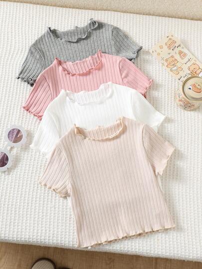 SHEIN 4pcs/Set Baby Girl Summer Cute Ribbed Solid Color Ruffle Hem Short Sleeve Top,Summer,Summer Tops,Easter