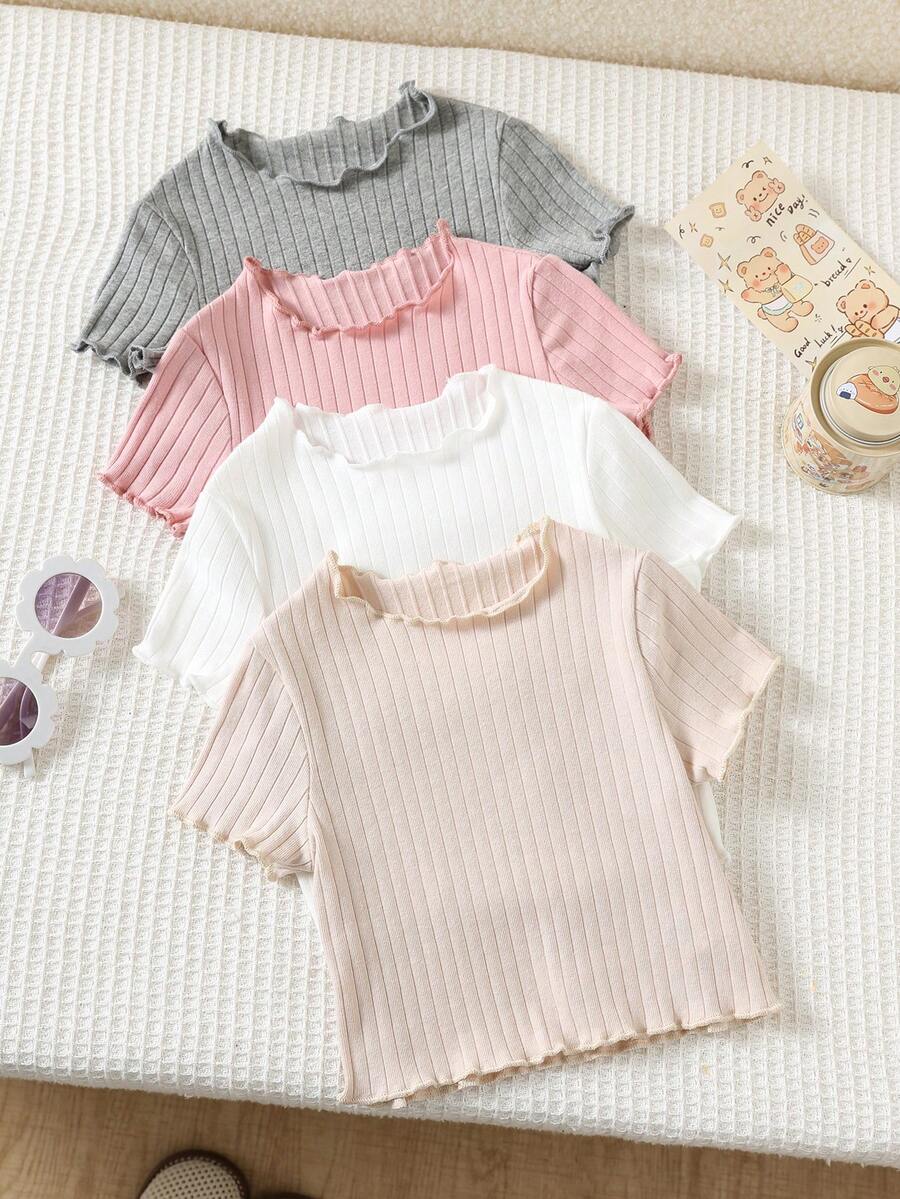 SHEIN LMoss Kids 4 piezas Top de manga corta con volantes en el bajo, color liso acanalado, lindo para niñas jóvenes en verano, tops de verano - Multicolor - Ver 1