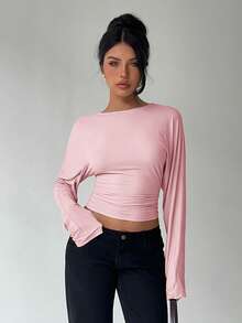 Aloruh Women's Autumn/Winter Bat Wing Long Sleeve Fitted T-Shirt - Pink - View 4