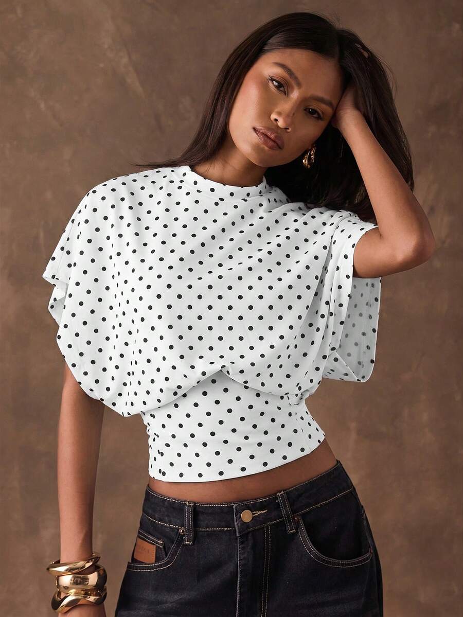 SHEIN BAE Women's Polka Dot Fitted Short Sleeve Fashionable Cropped Summer T-Shirt - White - View 1
