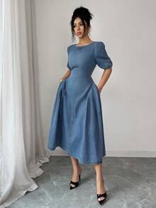 Elenzga 女士束腰时尚牛仔连衣裙 - 中等水洗藍 - 查看 1